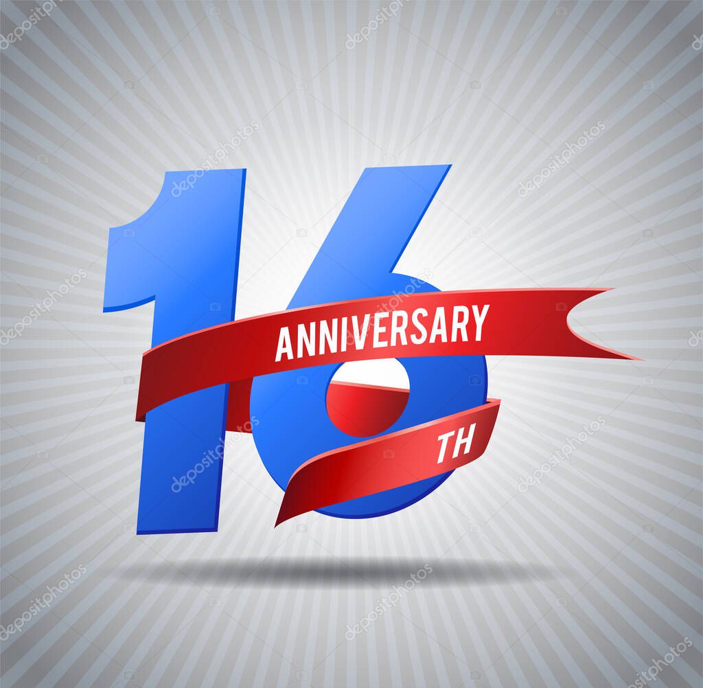 16 years of anniversary design template. anniversary design blue number and red ribbon