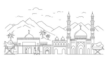 Mekke 'deki camii beyaz arka planda sanat tarzında. Modern doğrusal İslami tebrik kartı şablonu ve duvar kağıdı tasarımı. Poster ve ortam pankartı vektör illüstrasyonu