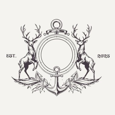 Çapası ve pusula logosu tasarımı ilhamı olan lüks Kraliyet geyiği. Vintage logo tasarımı
