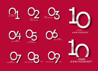 1 'den 10' a kadar yıl dönümü logosu parlak numaralı modern numara. Alternatif logo numarası: Gümüş yıldönümü kutlaması