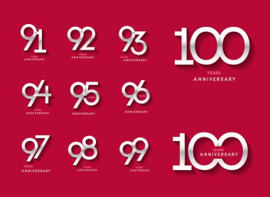 91 'den 100' e kadar yıl dönümü logoti seti. Parlak sayılı modern numara. Alternatif logo numarası: Gümüş yıldönümü kutlaması