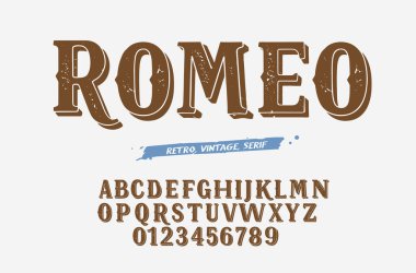 Klasik vektör Bold serif yazı tipi ve alfabe. Vintage ABC, zarif İngilizce harfler ve sayılar