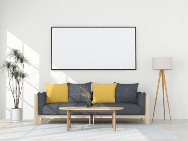 İç mekan modern tarzda, 3 boyutlu, kanepe ve dekorasyonla donatılmış..