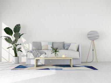 İç mekan modern tarzda, 3 boyutlu, kanepe ve dekorasyonla donatılmış..