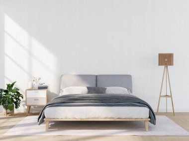 Modern yatak odası, minimalizm. 3d hazırlayıcı