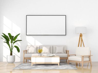 poster çerçevesini modelle oturma odası arka planı, 3 boyutlu canlandırma