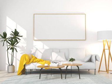 poster çerçevesini modelle oturma odası arka planı, 3 boyutlu canlandırma