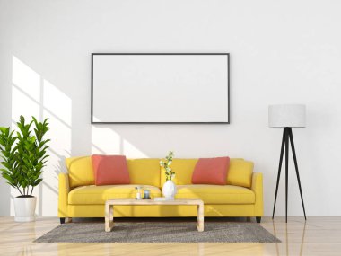 poster çerçevesini modelle oturma odası arka planı, 3 boyutlu canlandırma