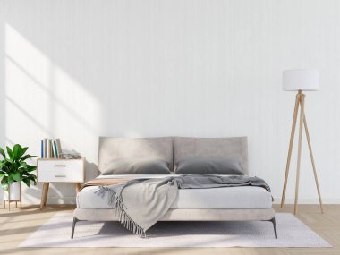 Modern yatak odası, minimalizm. 3d hazırlayıcı