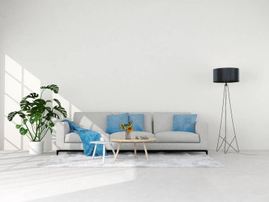 İç mekan modern tarzda, 3 boyutlu, kanepe ve dekorasyonla donatılmış..