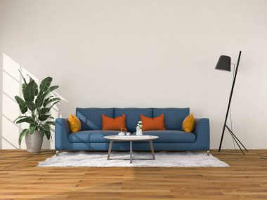 İç mekan modern tarzda, 3 boyutlu, kanepe ve dekorasyonla donatılmış..