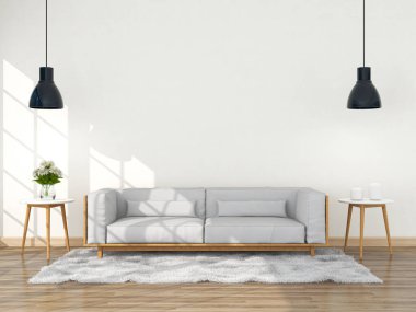 İç mekan modern tarzda, 3 boyutlu, kanepe ve dekorasyonla donatılmış..