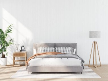 Modern yatak odası, minimalizm. 3d hazırlayıcı