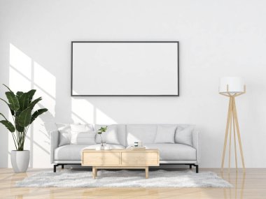 poster çerçevesini modelle oturma odası arka planı, 3 boyutlu canlandırma