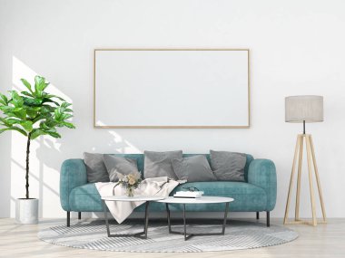 poster çerçevesini modelle oturma odası arka planı, 3 boyutlu canlandırma
