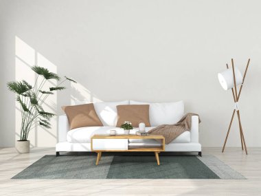 İç mekan modern tarzda, 3 boyutlu, kanepe ve dekorasyonla donatılmış..