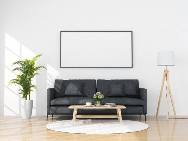poster çerçevesini modelle oturma odası arka planı, 3 boyutlu canlandırma