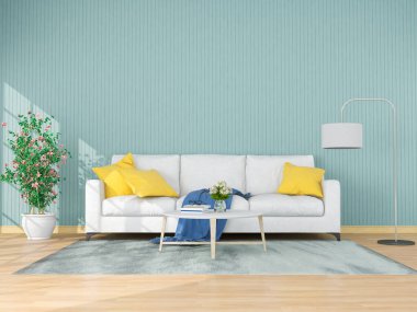 İç mekan modern tarzda, 3 boyutlu, kanepe ve dekorasyonla donatılmış..