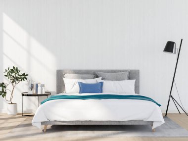 Modern yatak odası, minimalizm. 3d hazırlayıcı