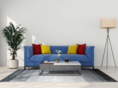 İç mekan modern tarzda, 3 boyutlu, kanepe ve dekorasyonla donatılmış..