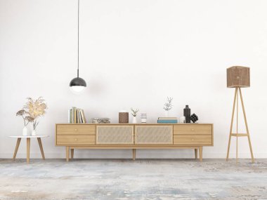 Oturma odasının içinde ahşap büfe 3D görüntüleme