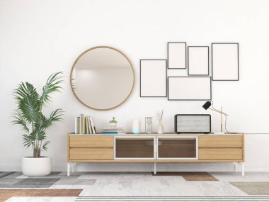 Oturma odasının içinde ahşap büfe ve 3D çerçeve oluşturma