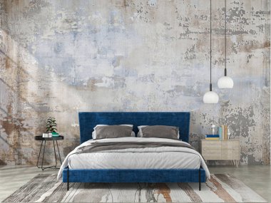 Yatak ve dekorasyonlu bir oturma odası. İskandinav tasarımı. 3 Boyutlu Hazırlama