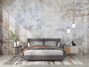 Yatak ve dekorasyonlu bir oturma odası. İskandinav tasarımı. 3 Boyutlu Hazırlama