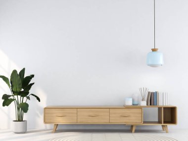 Oturma odasının içinde ahşap büfe 3D görüntüleme