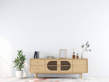 Oturma odasının içinde ahşap büfe 3D görüntüleme