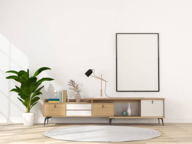 Oturma odasının içinde ahşap büfe ve 3D çerçeve oluşturma