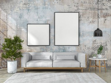 Oturma odasında kanepe ve poster çerçevesi var. İskandinav tasarımı. 3 Boyutlu Hazırlama