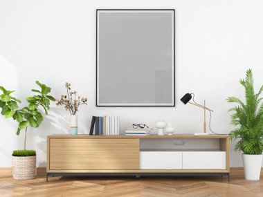 Oturma odasının içinde ahşap büfe ve 3D çerçeve oluşturma