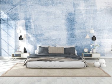 Yatak ve dekorasyonlu bir oturma odası. İskandinav tasarımı. 3 Boyutlu Hazırlama