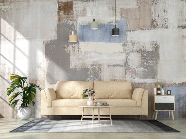 Oturma odası, kanepe ve dekorasyonla dolu. İskandinav tasarımı. 3 Boyutlu Hazırlama