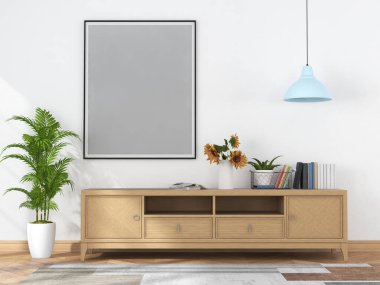 Oturma odasının içinde ahşap büfe ve 3D çerçeve oluşturma