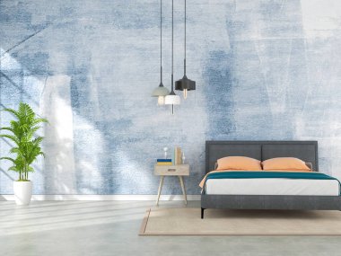 Yatak ve dekorasyonlu bir oturma odası. İskandinav tasarımı. 3 Boyutlu Hazırlama