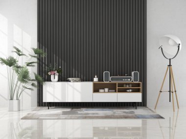 Oturma odasının içinde ahşap büfe 3D görüntüleme