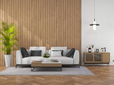 Oturma odası, kanepe ve dekorasyonla dolu. İskandinav tasarımı. 3 Boyutlu Hazırlama