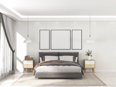İçinde yatak ve çerçeve olan bir oturma odası. İskandinav tasarımı. 3 Boyutlu Hazırlama
