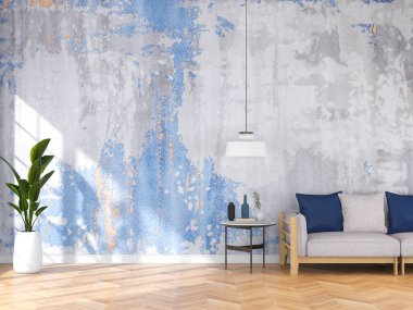 Oturma odası, kanepe ve dekorasyonla dolu. İskandinav tasarımı. 3 Boyutlu Hazırlama