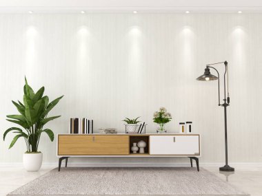 Oturma odasının içinde ahşap büfe ve 3D çerçeve oluşturma