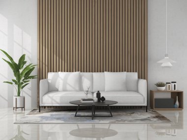 Oturma odası, kanepe ve dekorasyonla dolu. İskandinav tasarımı. 3 Boyutlu Hazırlama