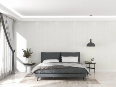 Yatak ve dekorasyonlu bir oturma odası. İskandinav tasarımı. 3 Boyutlu Hazırlama