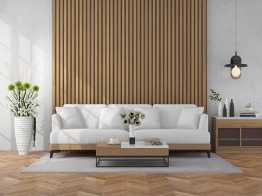 Oturma odası, kanepe ve dekorasyonla dolu. İskandinav tasarımı. 3 Boyutlu Hazırlama