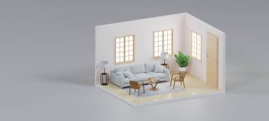Isometric gerçekçi oturma odası iç mimari içinde açık, 3D görüntüleme.