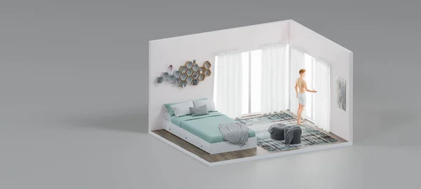 Isometrische Realistisch Mann Schlafzimmer Offen Innenarchitektur Rendering — Stockfoto