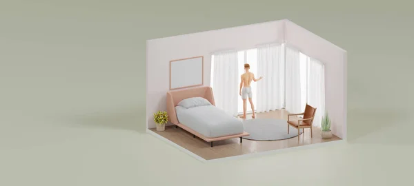 Isometrische Realistisch Mann Schlafzimmer Offen Innenarchitektur Rendering — Stockfoto