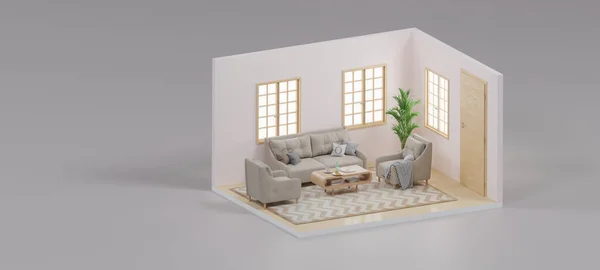Isometrische Realistisch Wohnzimmer Offen Inneren Innenarchitektur Rendering — Stockfoto