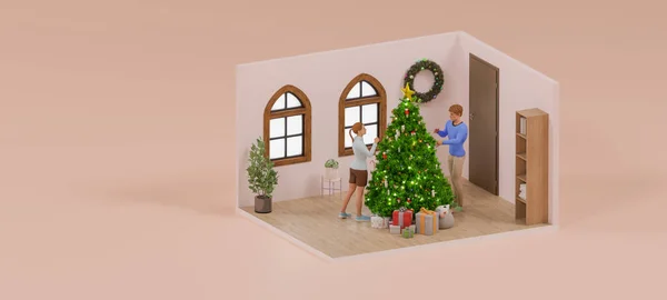 Isometric room merry christmas themes event with couple decorate christmas tree in house. 3d rendering.